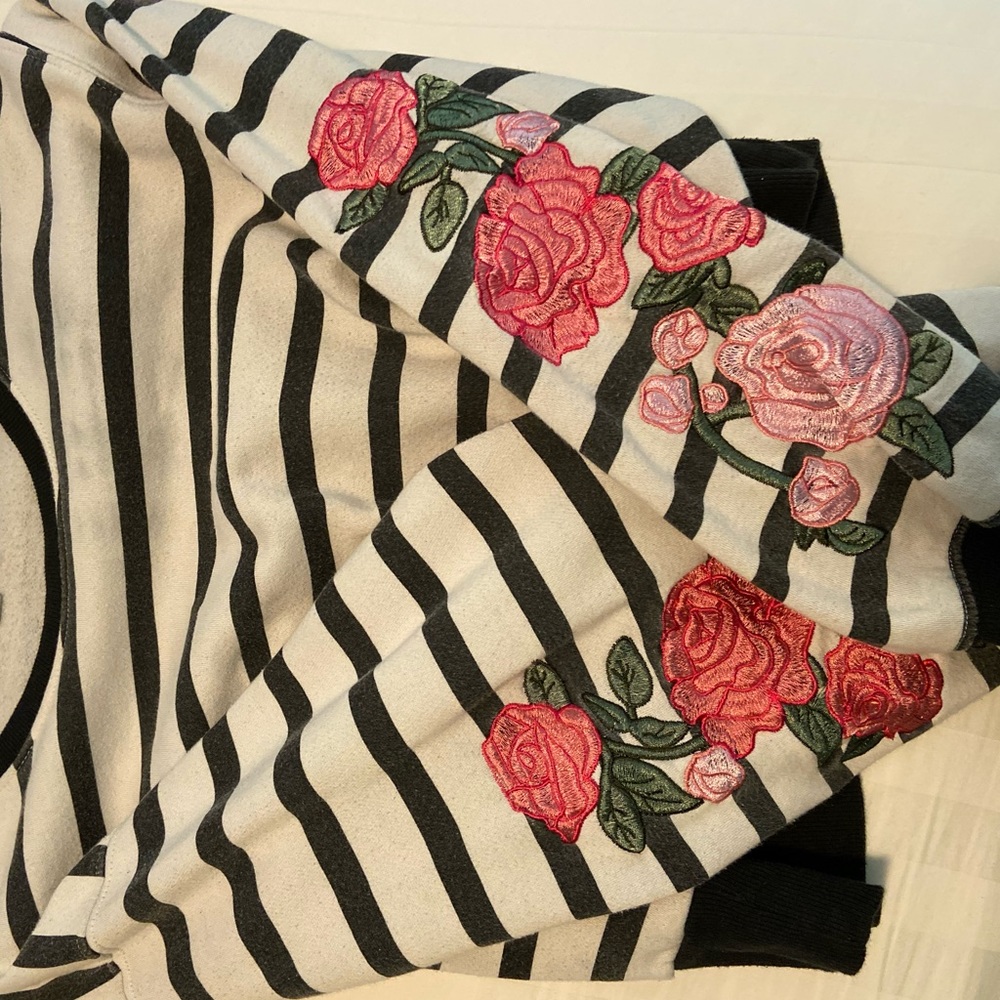 Flower Embroidered Sleeve Striped Sweater